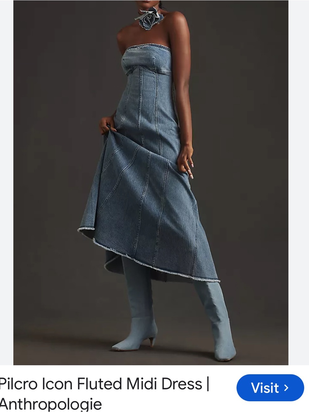 Anthropologie Strapless Fluted High-Low Denim midi dress - Light Blue
